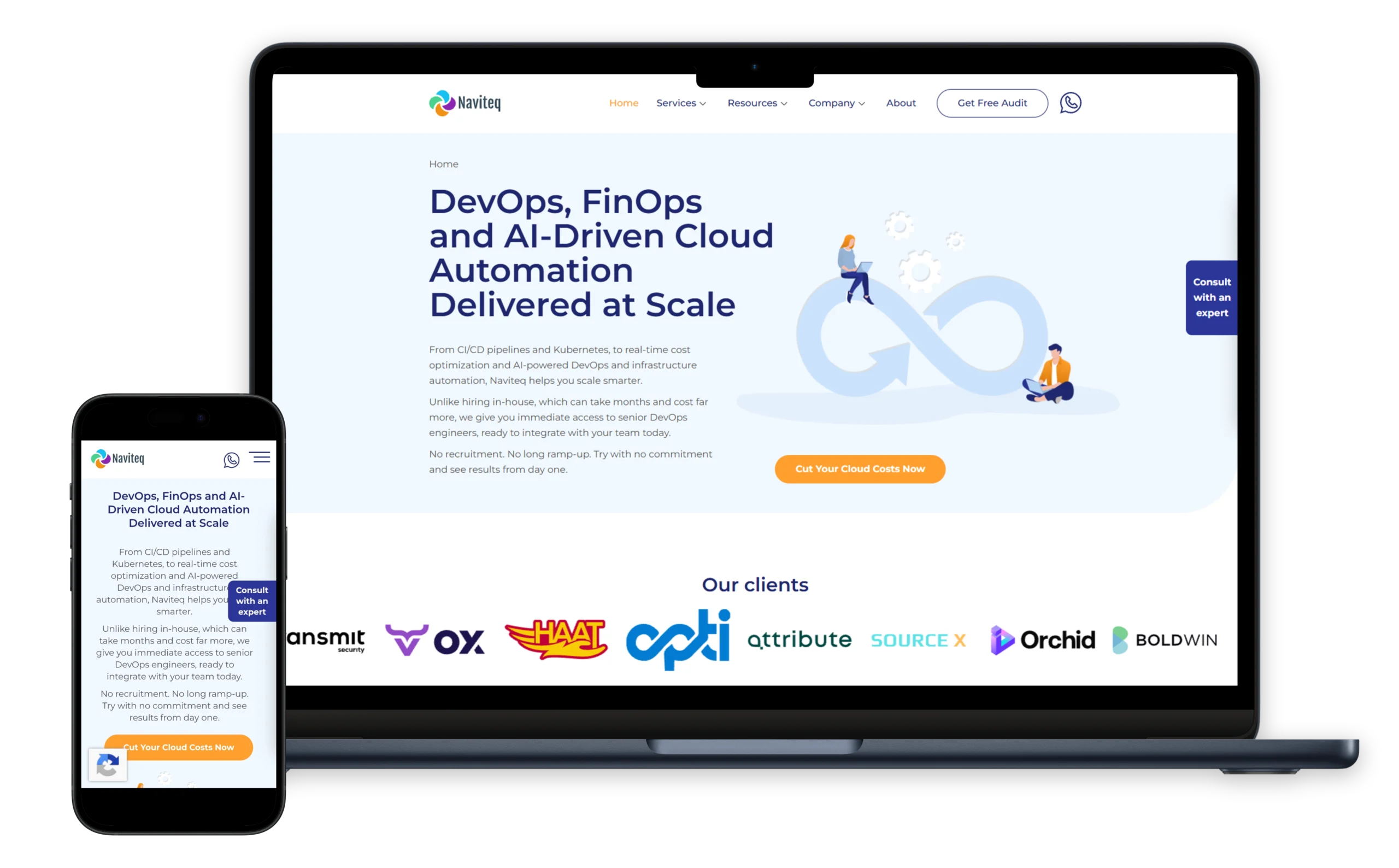 Naviteq Cloud Automation Website Mockup Laptop and mobile mockup showcasing the Naviteq cloud automation company website design