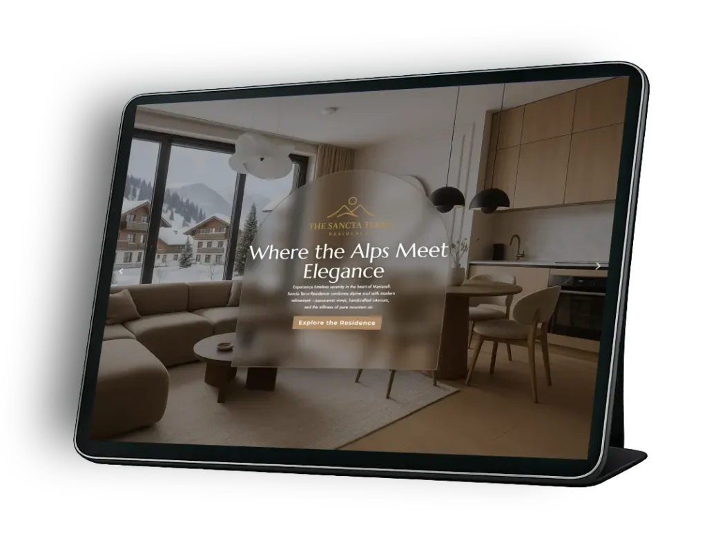 Tablet mockup displaying the Sancta Terra Residence luxury real estate website
