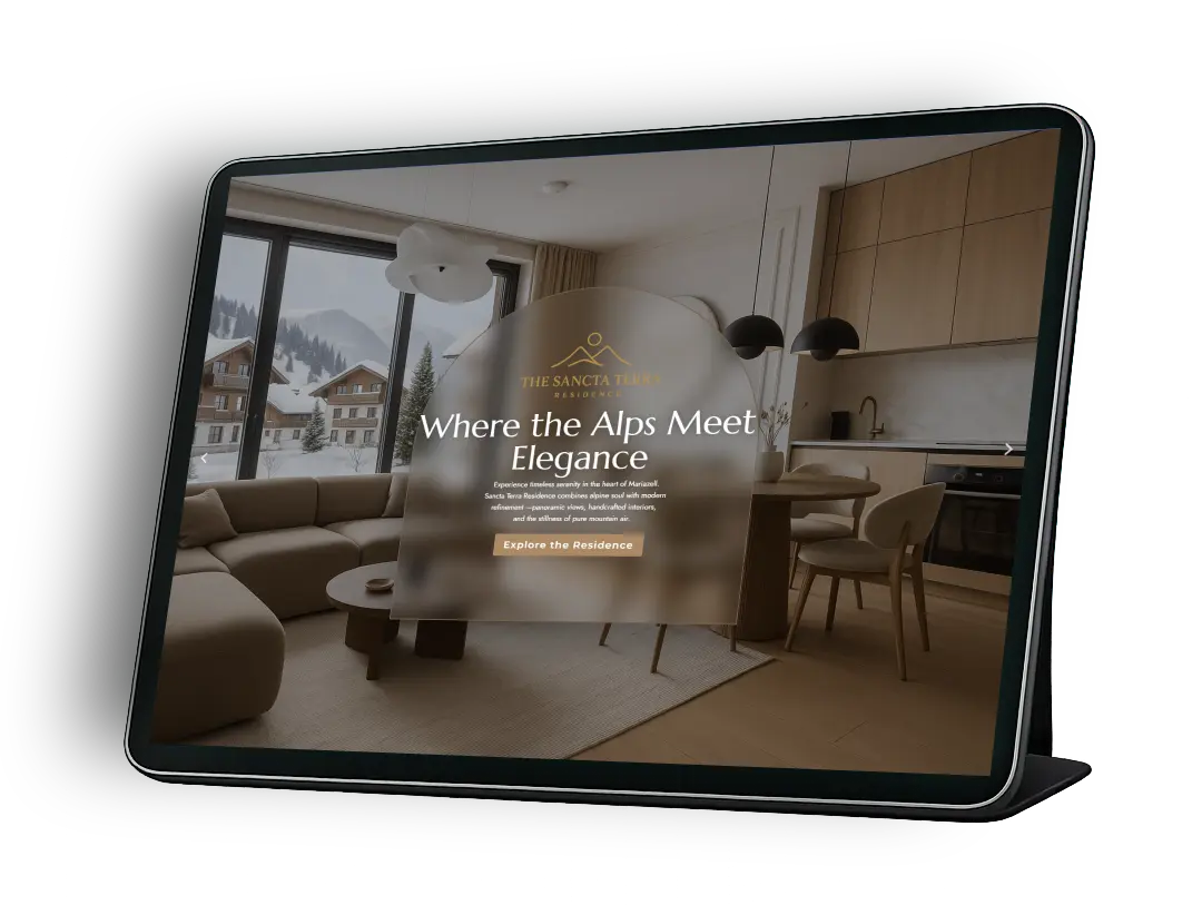 Tablet mockup displaying the Sancta Terra Residence luxury real estate website
